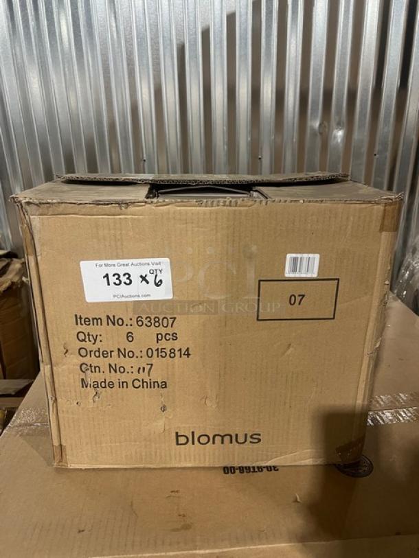Box of 6 Blomus Model 63807 glass carafes. Smoked style, mouth-blown, 34 oz. each. Made in China. New condition.