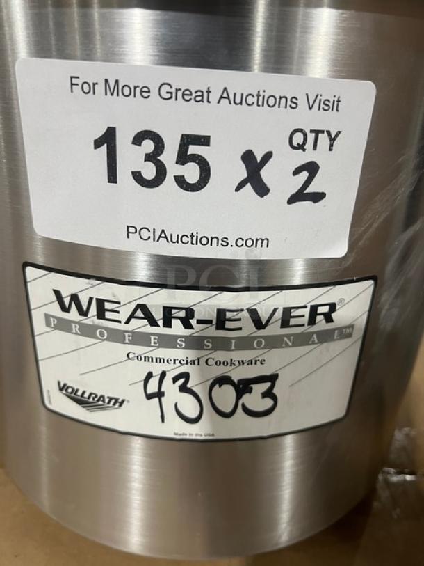 Brand new Vollrath 12 Qt. stock pot, model 4303, aluminum, rolled edge. Labels show model number and auction details.