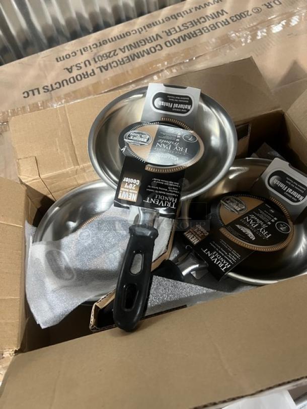Brand new Vollrath Tribute Series 7" stainless steel fry pans, model 69807, with black grip handles; induction ready.
