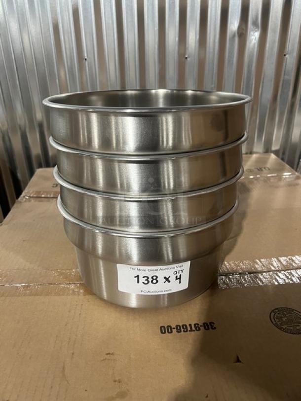 Brand new Vollrath stainless steel 7-1/4 Qt. round vegetable inset pans, model 78194, in pristine condition, stack of four.