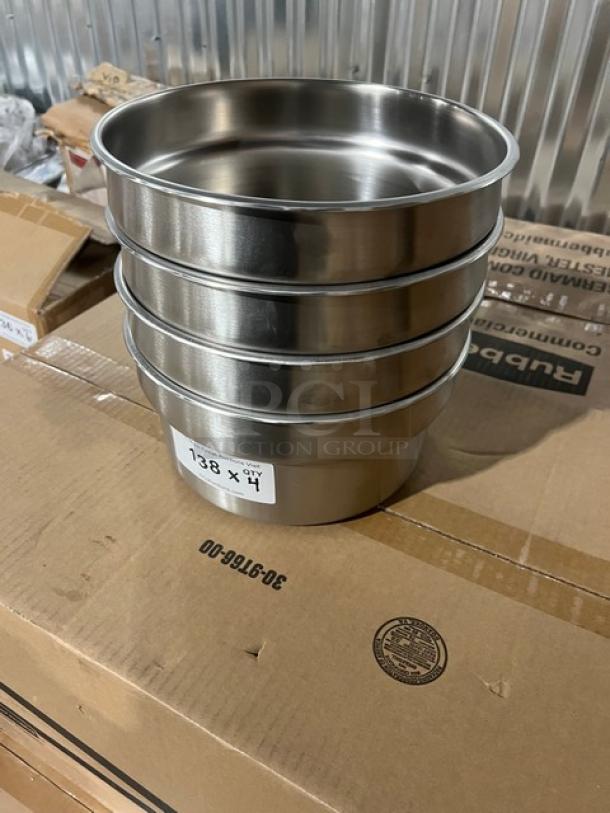 Brand new Vollrath 78194 commercial stainless steel 7-1/4 qt. vegetable inset pan, set of 4, on box.