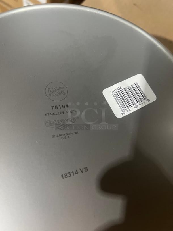 Brand new Vollrath stainless steel 7-1/4 qt. round vegetable inset pan, model 78194, with NSF marking and barcode label.