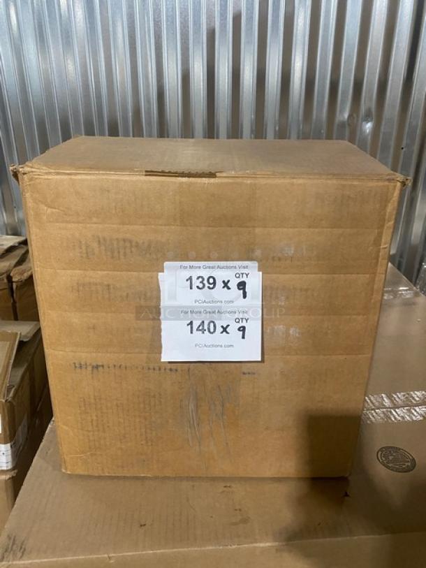 Large cardboard box labeled for auction, containing 9 brand new TableCraft Model 79 wooden bread/charcuterie boards.