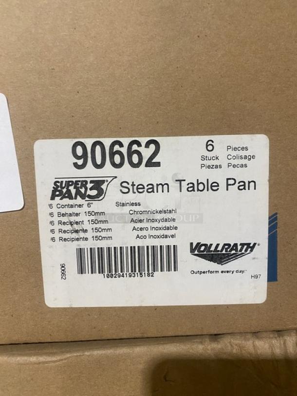 BRAND NEW Vollrath Super Pan 3, Model 90662, 1/6-Size, 6" Deep Anti-Jam Steamtable Pan, stainless steel, pack of 6.