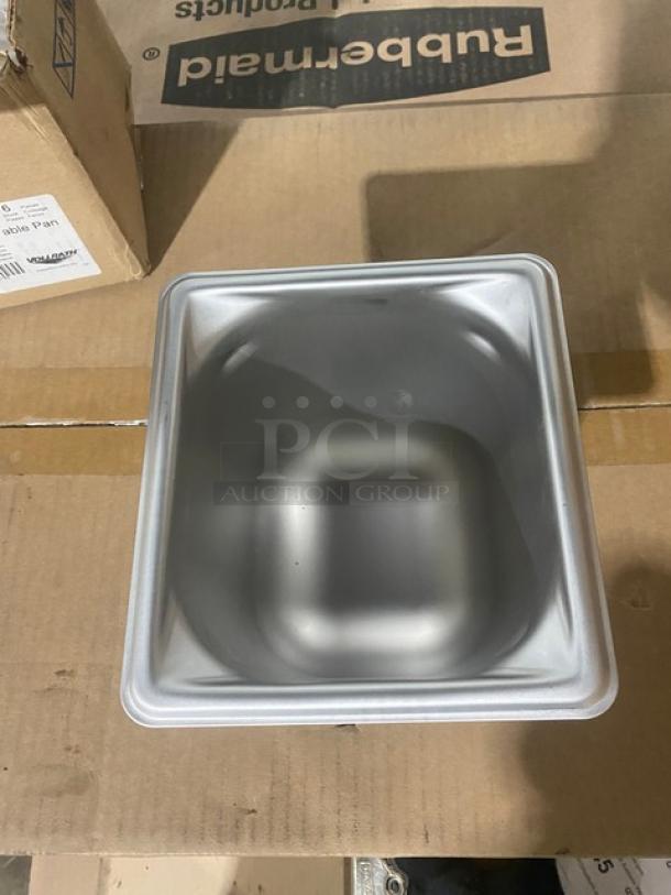 Brand new Vollrath Super Pan 3 Series stainless steel pan, model 90662, 1/6-size, 6" deep, anti-jam, shown on cardboard.