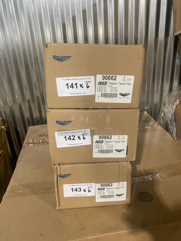 Boxes of brand new Vollrath Super Pan 3 Series, model 90662, stainless steel 1/6-size steam table pans.