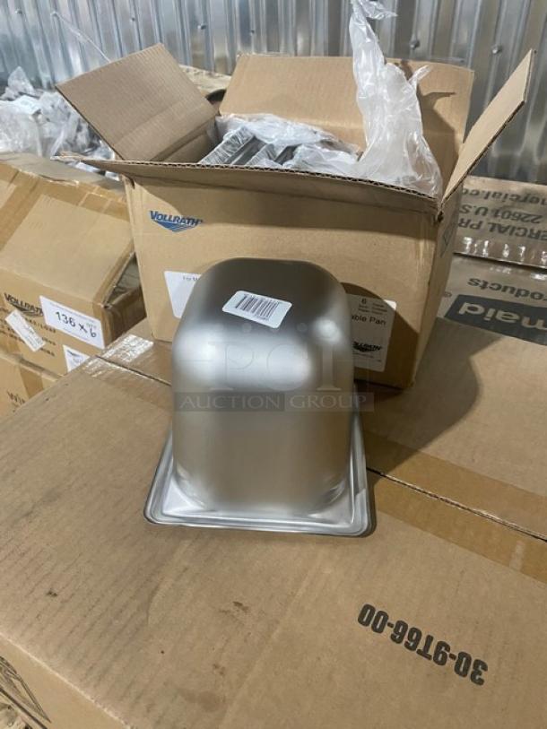 Brand new Vollrath Super Pan 3, model 90662, stainless steel, 1/6-size, 6" deep anti-jam hotel pan, boxed.