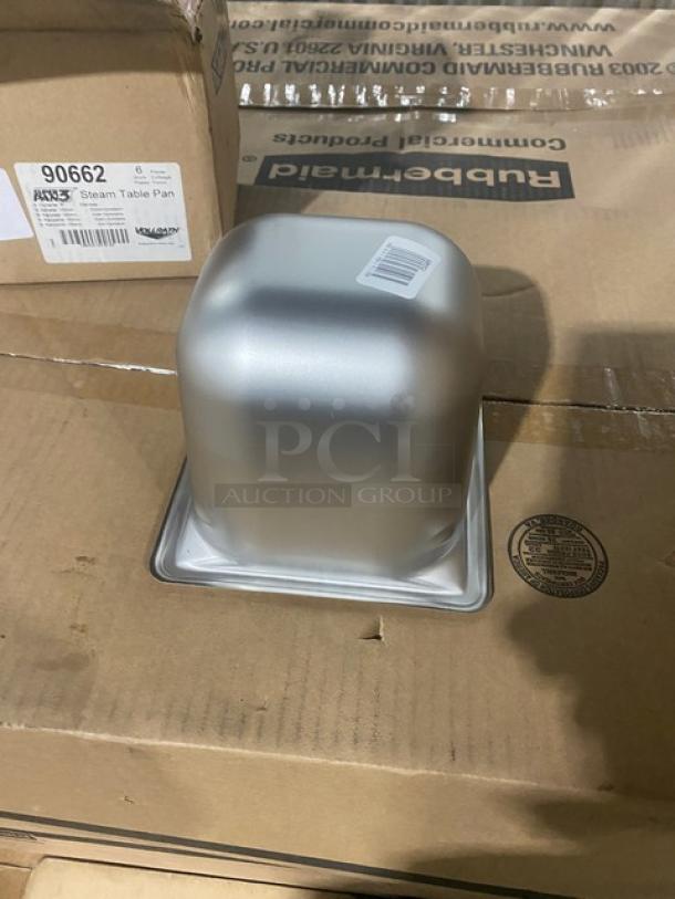 Brand new Vollrath Super Pan 3 Series stainless steel 1/6-size 6" deep anti-jam pan, Model 90662, in packaging.