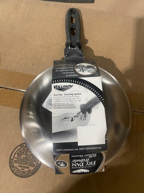 Brand new Vollrath Tribute 7" stainless steel fry pan, model 69807, induction ready, with black grip handle and EverTite rivets.