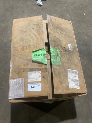 Cardboard box for KegWorks C-203 draft beer dispenser, unopened. Shipping labels and handling instructions visible.