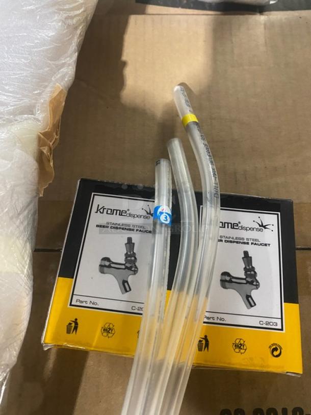 Brand new KegWorks T-Style draft beer dispenser with Krome stainless steel faucet, model C-203, in original packaging.