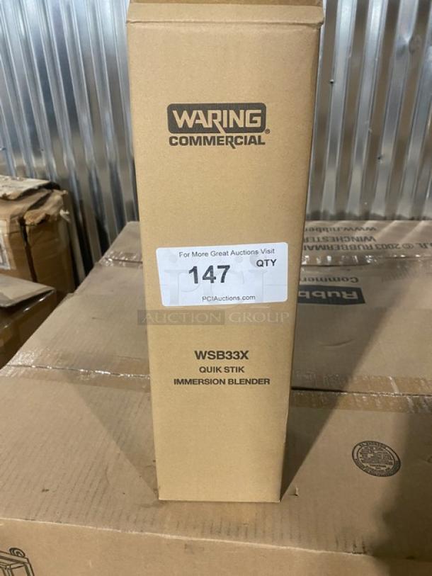 Brand new Waring Quik Stik WSB33X immersion blender in sealed box, 7-inch stainless steel, two-speed, commercial-grade.