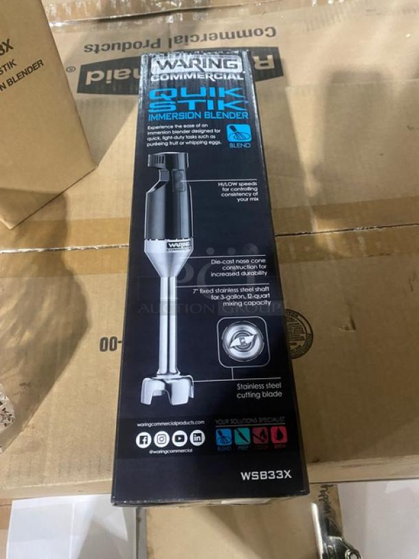 Brand new Waring Quik Stik 7" immersion blender, model WSB33X, in box. Features stainless steel blade, two speeds.
