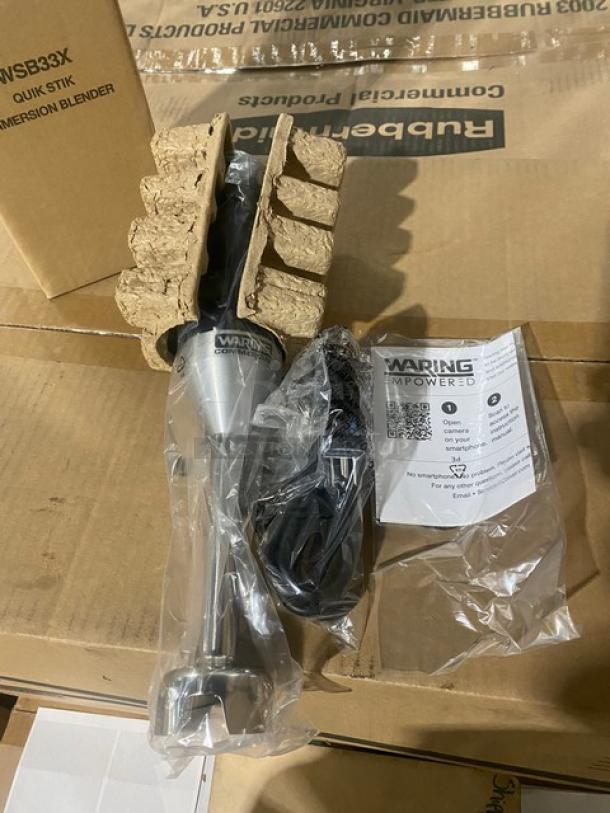 Brand new Waring Quik Stik Series WSB33X immersion blender. Stainless steel, 7", two-speed. Includes packaging and manual.