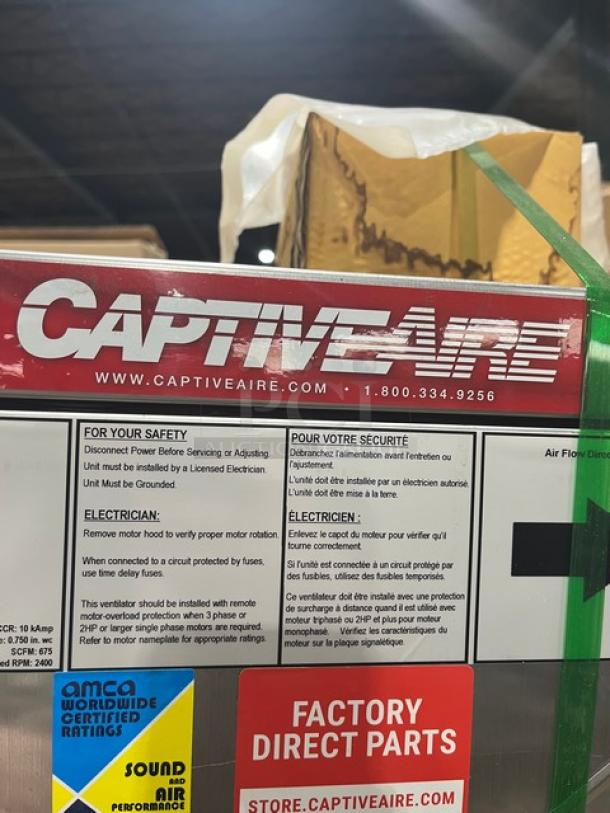New Captive-Aire SIF11DDSS in-line power ventilator, stainless steel, 11.75″ wheel, speed control, model 2022, SN: 5321754.
