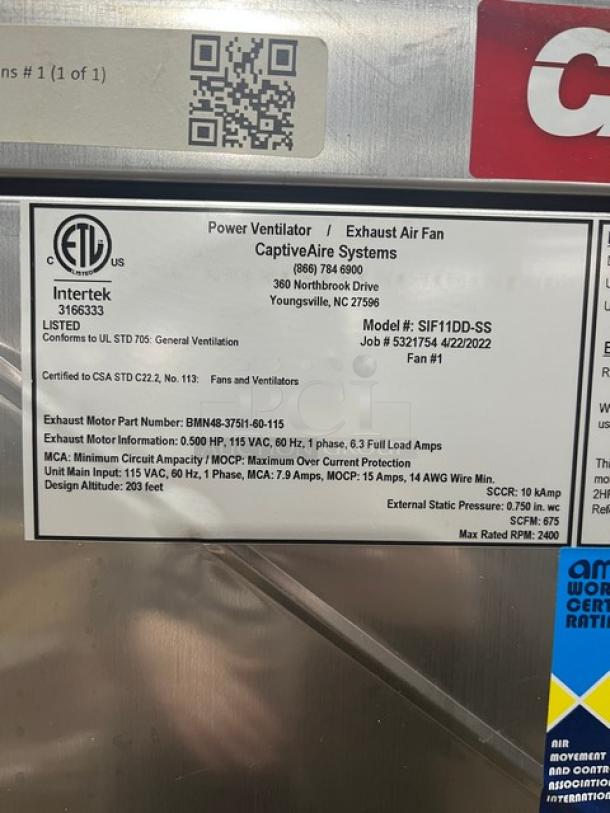 NEW Captive-Aire SIF11DDSS Commercial Stainless Steel Exhaust Fan, 11.75″ Wheel, Speed Control, 115V, Serial 5321754.