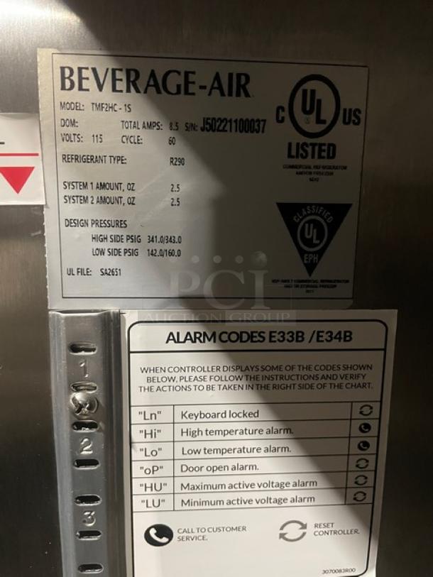 Beverage-Air Commercial Freezer, Model TMF2HC-1S, SN: J50221100037, stainless steel, 2-door, 54", top-mount, on casters.