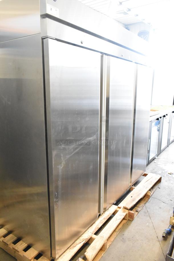 Brand new Hoshizaki R3A-FS 3-door reach-in cooler, 115 volts, stainless steel, on a pallet, unopened condition.