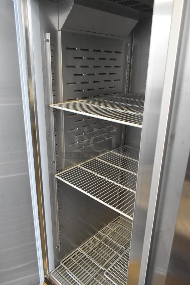 BRAND NEW Hoshizaki R3A-FS commercial 3-door reach-in cooler, 115V, 1 phase, showing interior wire shelving and stainless steel finish.