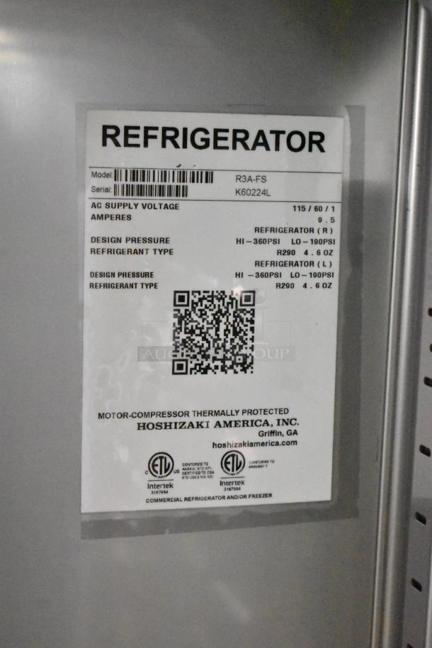 Label on Hoshizaki R3A-FS 3 Door Reach-In Cooler. Details 115 volts, 1 phase, refrigerant type R290, design pressure.