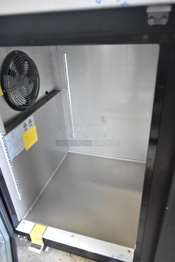 Brand new 2022 Hoshizaki BB95-G 3-door back bar cooler. Features interior labeling, fan, and shelving system.