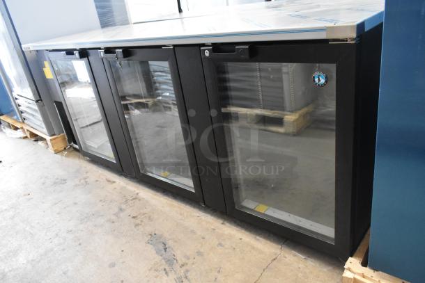 Brand new 2022 Hoshizaki BB95-G commercial 3-door back bar cooler, 115V, 1 phase, glass doors, black frame.