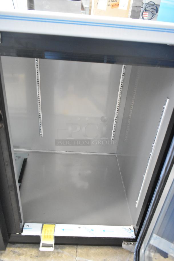 BRAND NEW 2022 Hoshizaki BB95-G 3 Door Back Bar Cooler Merchandiser, 115 Volts, 1 Phase. Open door view showing interior.