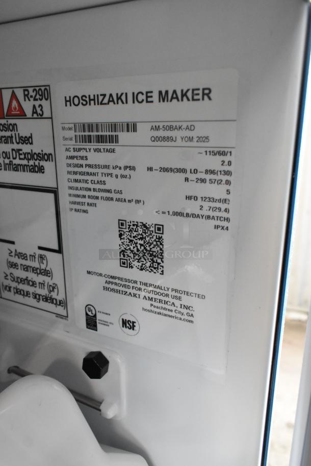 2025 Hoshizaki AM-50BAK-AD ice machine, new, 115 volts, 1 phase, commercial use. Includes specification label.