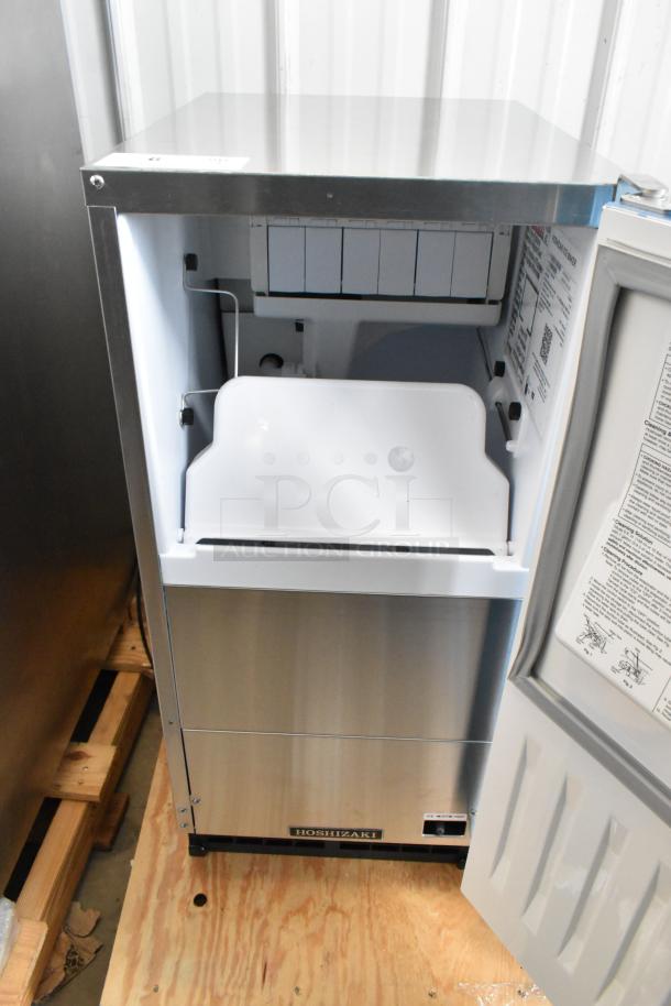 Brand new Hoshizaki AM-50BAK-AD ice machine, top hat cube model, 27 lb. bin capacity, 115V, 1 phase, stainless steel finish.