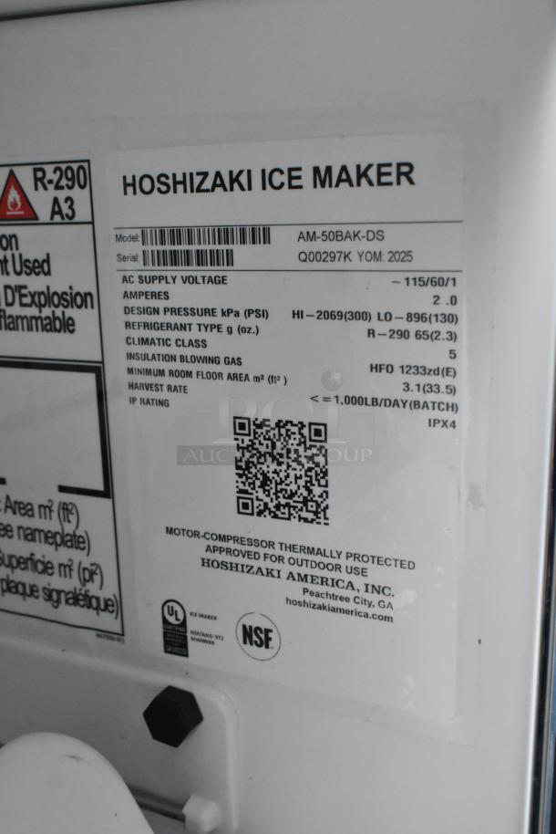 BRAND NEW 2025 Hoshizaki AM-50BAK-AD Ice Machine, 27 lb. Bin, 115V, 1 Phase, label with model AM-50BAK-DS shown.