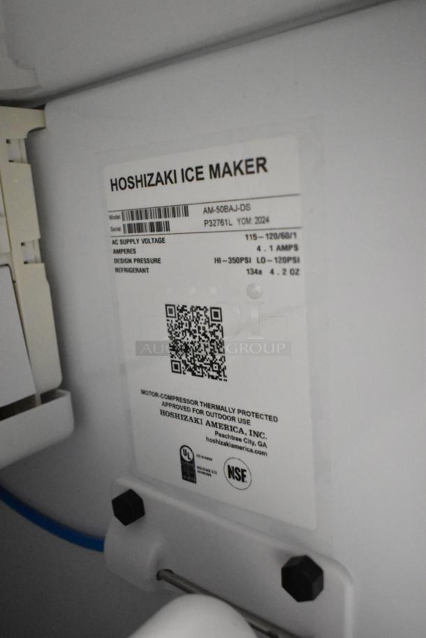BRAND NEW 2024 Hoshizaki AM-50BAJ-DS icemaker label, 115V, 1 Phase, showing specifications and QR code.