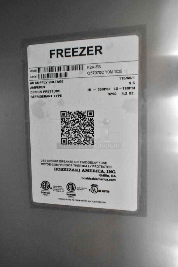 Brand new 2025 Hoshizaki F2A-FS commercial freezer label, 2-door, 115 volts, showing specifications and compliance logos.