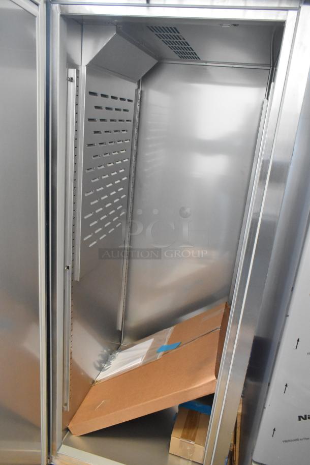 Brand new 2025 Hoshizaki F1A-FSL commercial single door reach-in freezer, 115 volts, 1 phase, with packaging materials inside.
