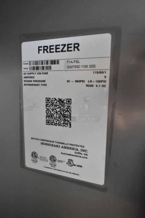 Brand new Hoshizaki F1A-FSL commercial single door reach-in freezer. Label shows 115V, 1 phase, year 2025.