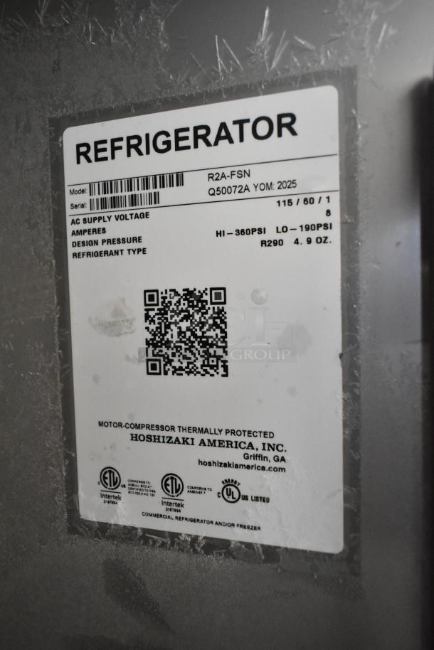 Label of 2025 Hoshizaki R2A-FSN Commercial 2 Door Cooler. Details: 115V, 1 Phase, R290 Refrigerant, 4.9 oz.