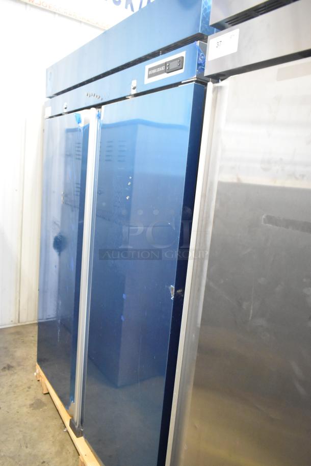 BRAND NEW 2025 Hoshizaki F2A-FS Commercial 2 Door Reach-In Freezer, 115 Volts, 1 Phase, in pristine condition, with visible Hoshizaki label.