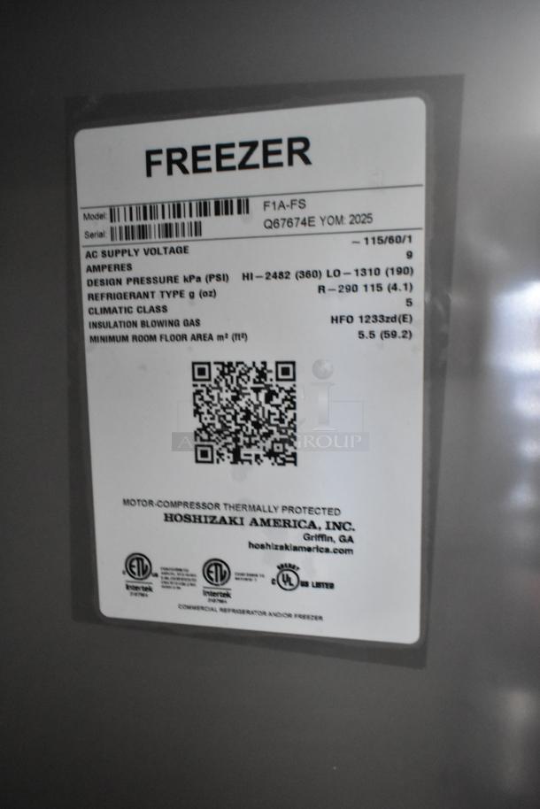 Brand new 2025 Hoshizaki F1A-FSL single door freezer label, model F1A-FS, 115 volts, showing specifications and certifications.