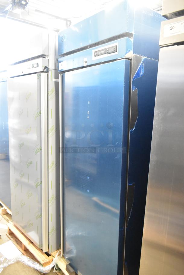 Brand new 2025 Hoshizaki R1A-FS single door reach-in cooler, commercial grade, 115 volts, 1 phase, blue covering.