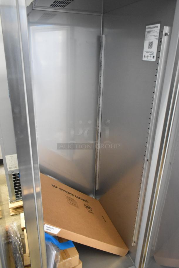 BRAND NEW 2025 Hoshizaki R1A-FS commercial cooler, single door, 115 volts, 1 phase, interior view with label details.