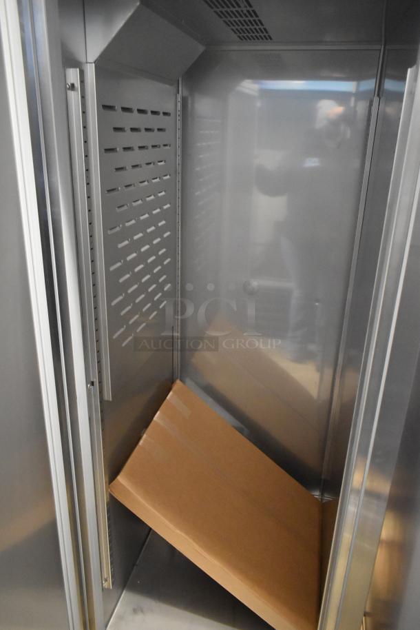 Brand new Hoshizaki R1A-FSL commercial single door reach-in cooler interior. Stainless steel, 115V, 1 Phase. Unused.