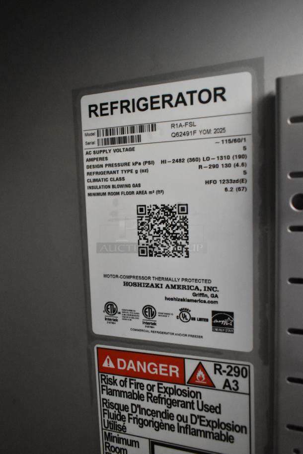 BRAND NEW 2025 Hoshizaki R1A-FSL Commercial Cooler label; features 115 volts, 1 phase; safety warnings, QR code.