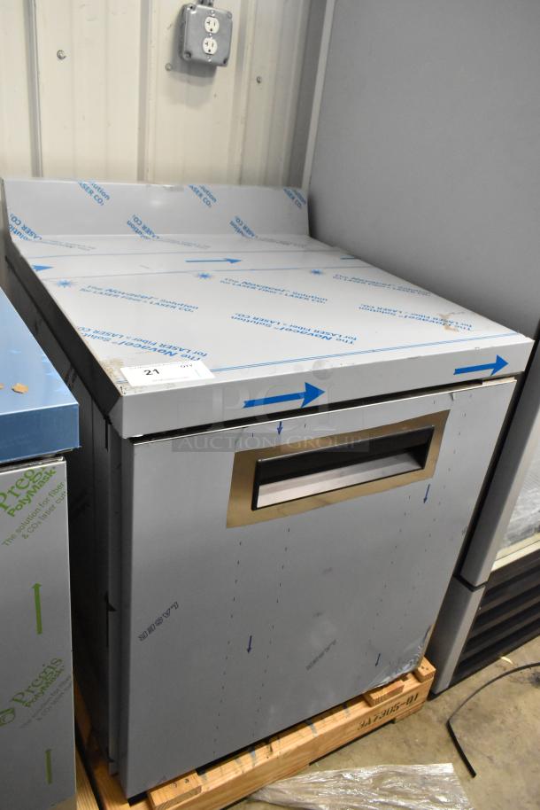Brand new Hoshizaki WR27B commercial single door worktop cooler, 115V, 1 phase, protective wrapping intact, model marking visible.