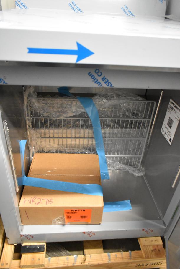Brand new 2026 Hoshizaki WR27B commercial work top cooler, single door, 115 volts, 1 phase, packaged on a pallet.