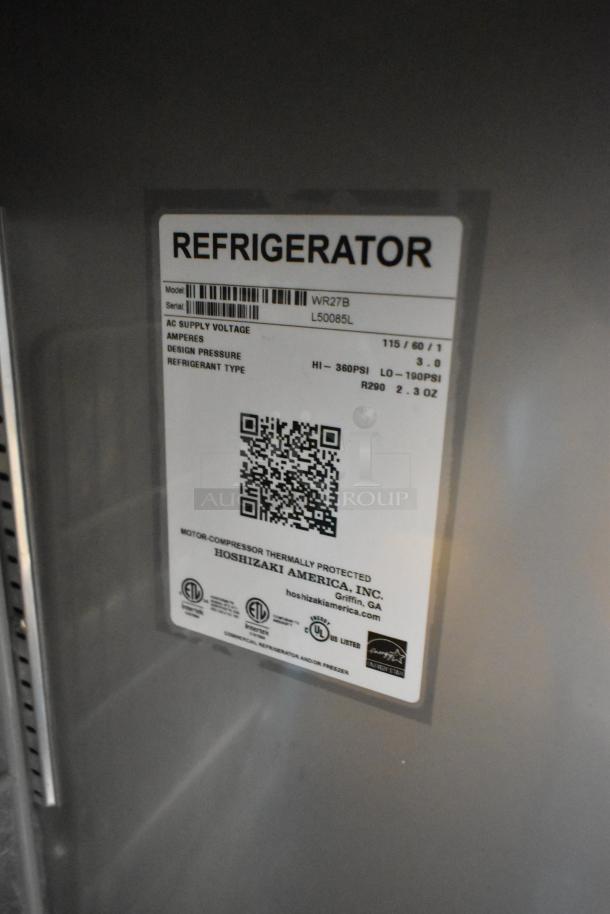 Brand new 2026 Hoshizaki WR27B commercial work top cooler label. 115V, 1 phase, refrigerant R290, 3.0 amps.