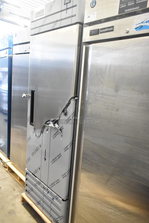 Brand new 2022 Hoshizaki EF1A-FS commercial reach-in freezer, single door, 115V, 1 phase, with protective wrap.