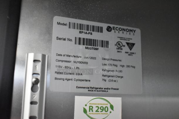 Hoshizaki EF1A-FS single door freezer label showing model, 115V, 1 phase, R-290 refrigerant info. Brand new condition.