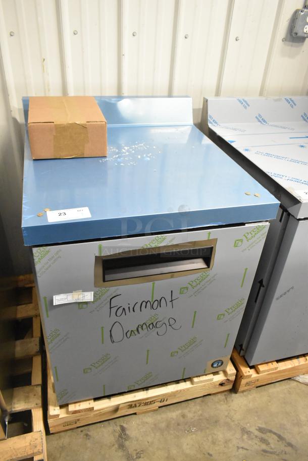 Brand new 2026 Hoshizaki WR27B commercial single door work top cooler, 115 volts, 1 phase, with packaging. Notes "Fairmont Damage" on front.