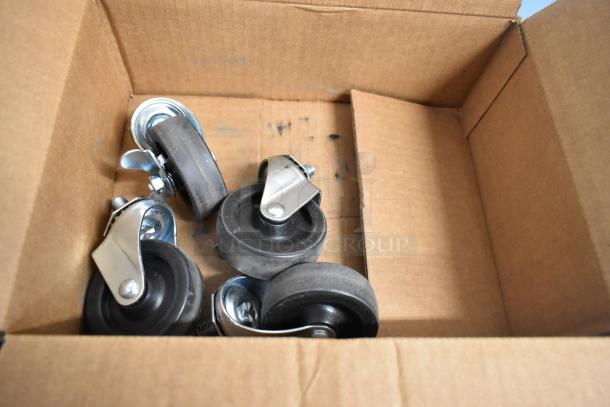 Box containing four caster wheels for the Hoshizaki WR27B Work Top Cooler, unused and new condition.
