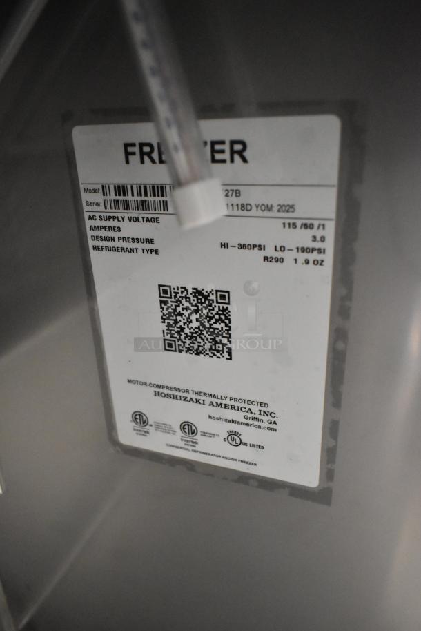 2025 Hoshizaki UF27B undercounter freezer label showing model, serial number, 115V power, and refrigerant details. Brand new condition.
