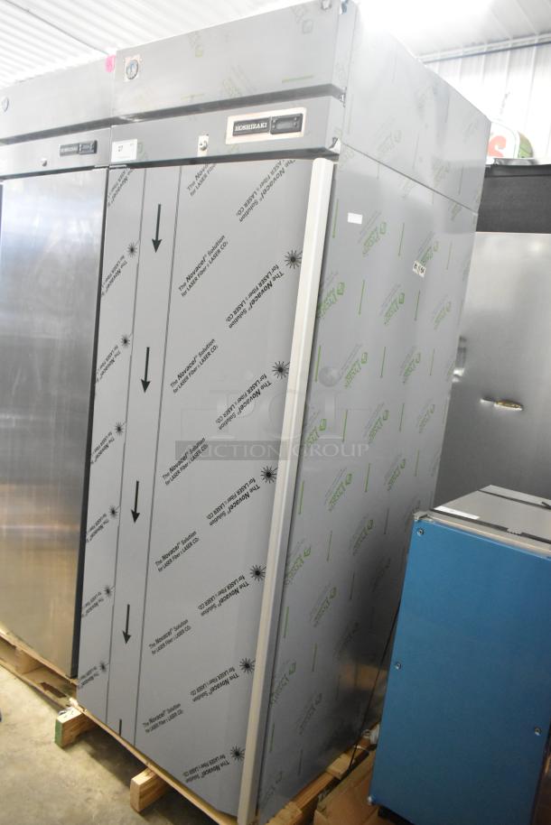 Brand new 2026 Hoshizaki R1A-FSL commercial cooler, single door, with commercial casters, 115V, 1 Phase, protective wrap on.